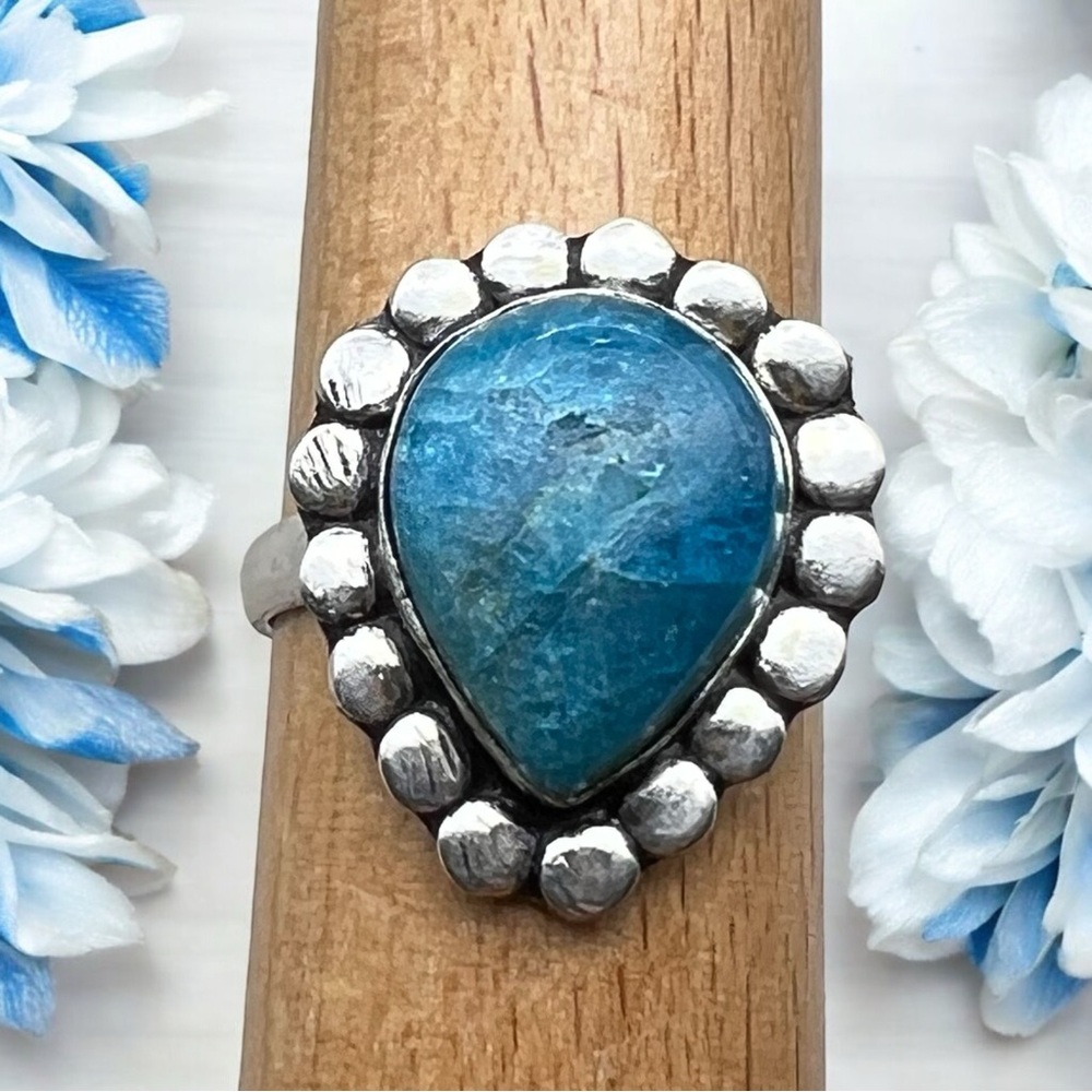 New Blue Apatite Stone Crystal Silver Overlay Ring Size 8.5